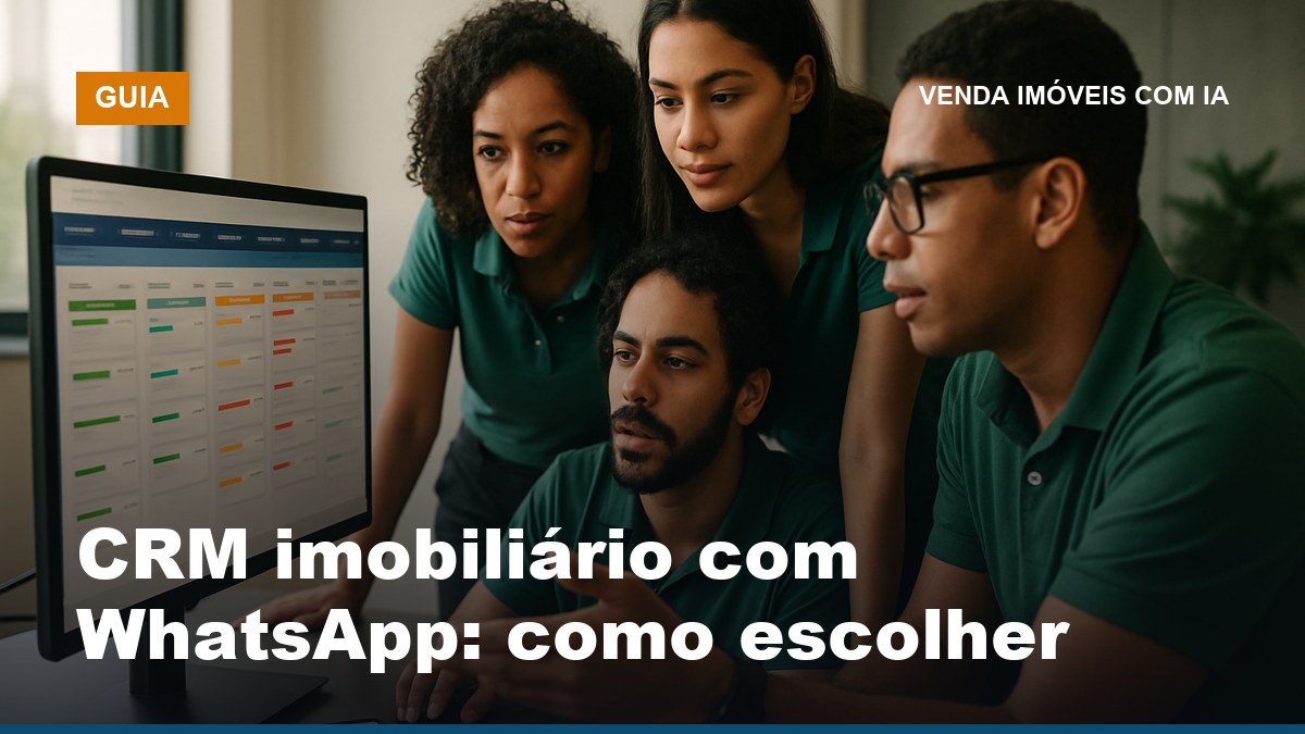 Equipe de imobiliária escolhendo CRM com WhatsApp integrado, funil visual de leads na tela do computador