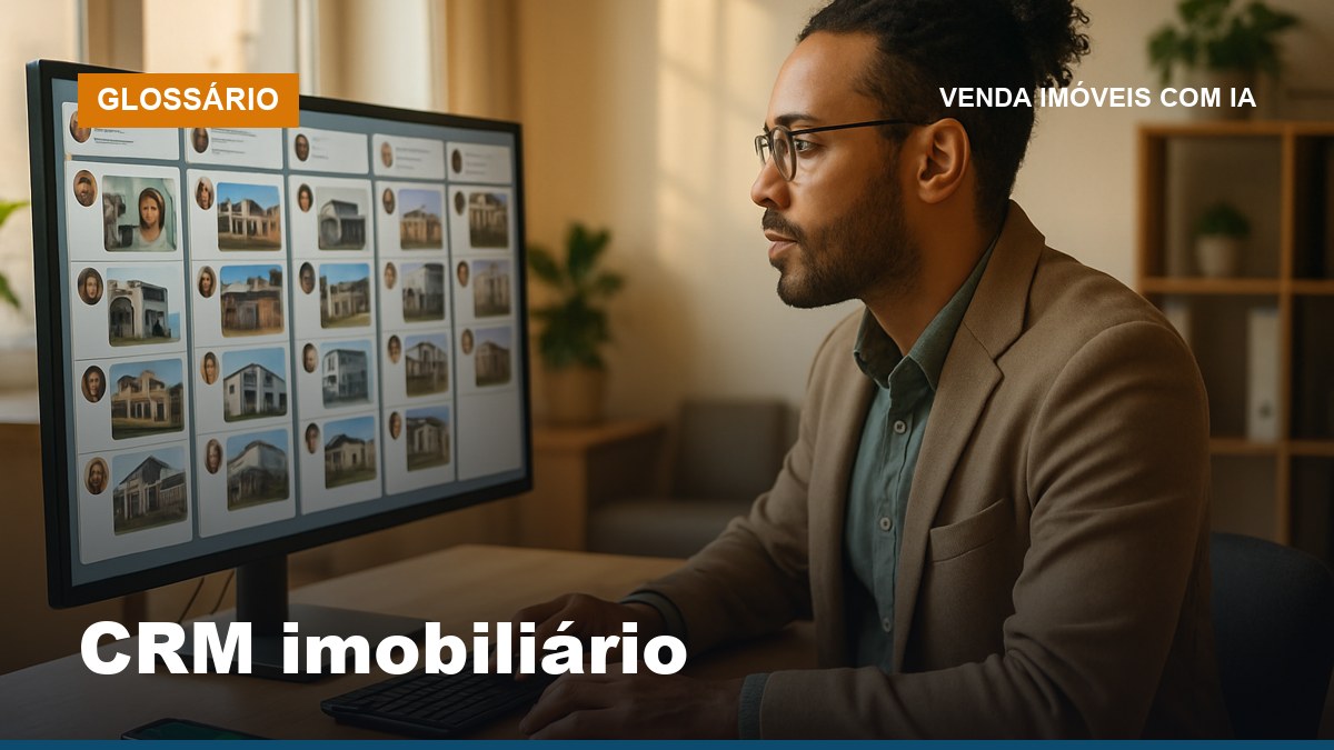 Corretor de imóveis brasileiro usando um CRM imobiliário com funil visual e WhatsApp no computador